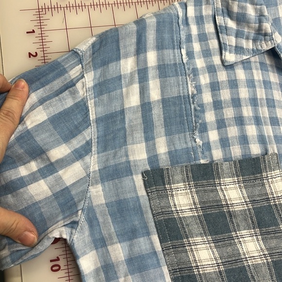 HEM & THREAD Boho Cottage Gauze 2 Pocket Buffalo/Plaid Blue/WHT Fringe Top S/M - Picture 7 of 16